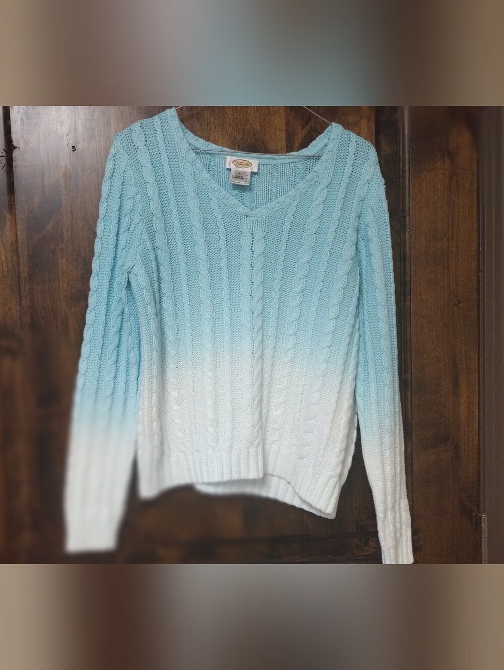 Talbots 100% Cotton Light Blue to White Ombre Cable V-Neck Sweater